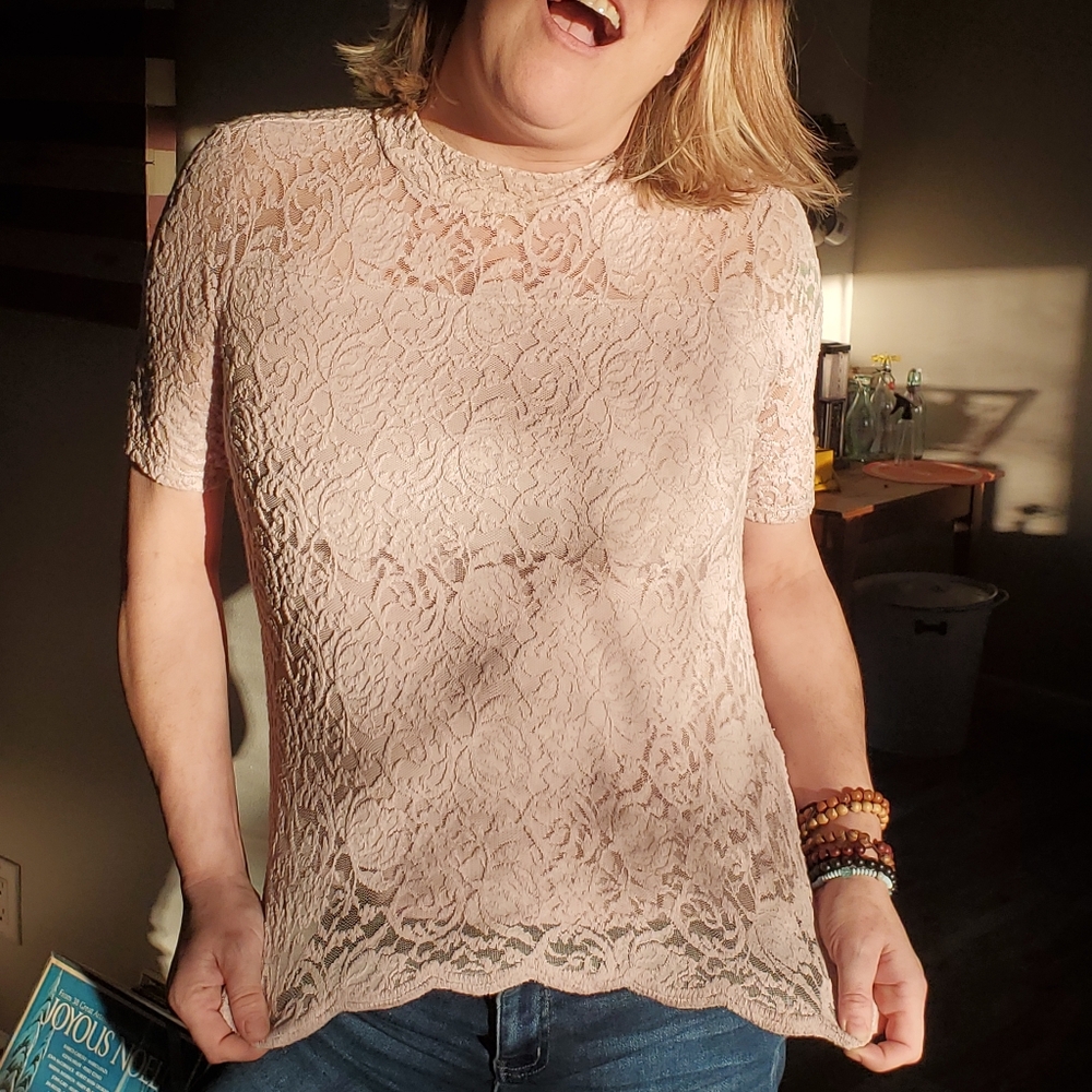 Ruff Hewn Grey  Pink Lace Mock Neck Top Small
